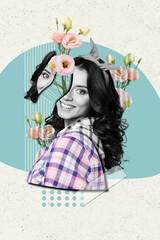 Fototapeta premium Vertical collage picture image young charming beautiful girl portrait fresh flowers blossom natural organic divided face fragment element