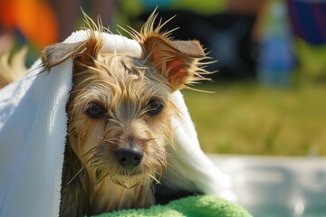 terrier in towel after a doggy swim race