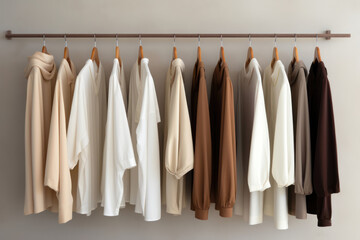 Photography of a minimalist's wardrobe detail showing a row of neatly hung, similar-styled clothing in a muted color palette