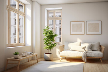 Clean-lined studio apartment interior with essential furniture and a large window for natural light