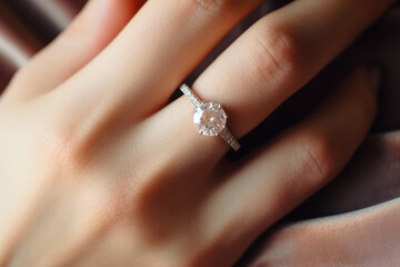 
Close view of the ring finger with a bespoke engagement ring, the girl's emotional expression softly blurred in the back