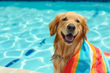 golden retriever in a beach towel by the poolside