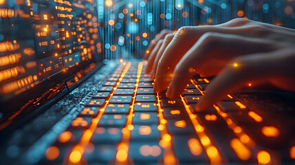 Hands typing on a keyboard with orange illuminated keys and digital data background.
