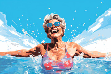 Obraz na płótnie Canvas An 70-year-old Italian woman, beaming with joy while swimming laps in an outdoor pool