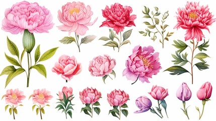Flower set. Watercolor peonies for wedding invitation design, fabric, decor , generative ai