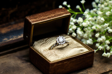 
Intricate filigree ring in an open velvet-lined wooden box, near a spray of baby's breath, on an...
