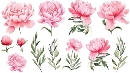 Flower set. Watercolor peonies for wedding invitation design, fabric, decor , generative ai