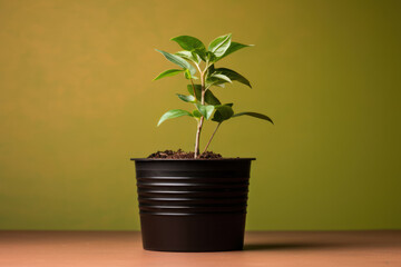 Photography of a plant in a recycled container on a solid earthy brown background, emphasizing reuse in gardening