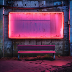 pink neon billboard  sign with with a pink glow on an old brick wall with a bench and a back background.  Area for text and images .