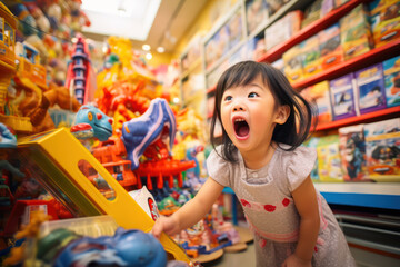 A 3-year-old girl, Asian, crying loudly in a toy store