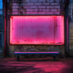 pink neon sign with with a pink glow on an old white brick wall with a bench and a back background.  Area for text and images .