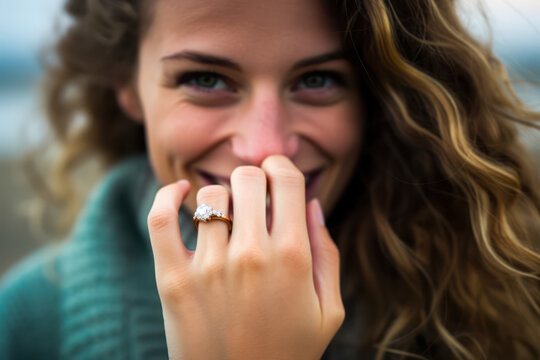 
Photo of the ring finger with a vintage engagement ring, the girl's excited face softly out of focus behind