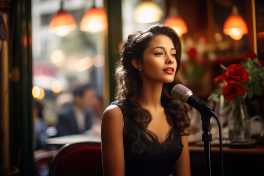 
Photography of a 21-year-old female French chanson singer performing in a quaint Parisian caf&eacute;