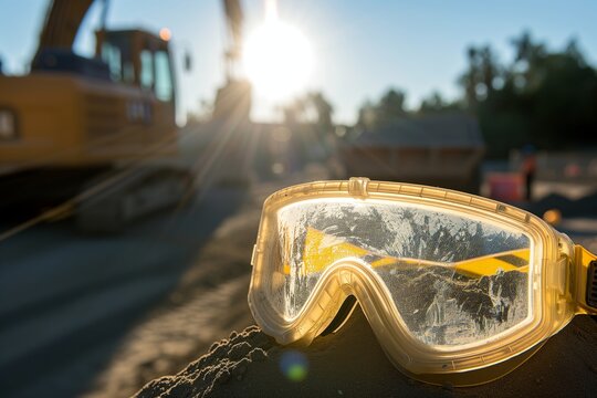 sun casting glares off safety goggles at a construction zone