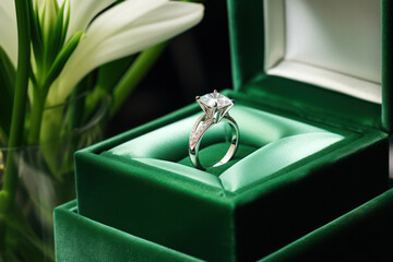 Photo of platinum ring with a large emerald, in an open minimalistic gift box, next to lilies, on a glass side table