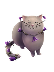 Cute cat with campanula flowers illustration