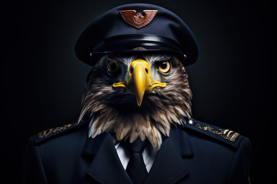 
Photography of an individual with the head of an eagle, in a pilot's uniform, symbolizing freedom and a soaring spirit