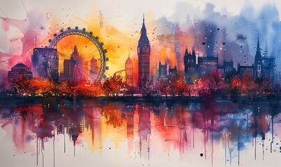 Fantasy London: A Vibrant Watercolor of the City's Iconic Landmarks Generative AI - obrazy, fototapety, plakaty