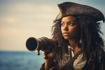 An African female pirate, around 30 years old, looking through a spyglass, with the sea in the...