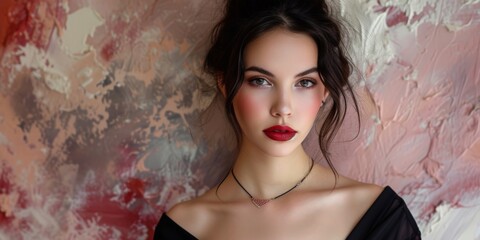 Brunette Woman in Dreamlike Nostalgic Pink, Brown, Cream Background - Direct Gaze with Makeup defined Eyebrows and Red Lipstick - Dark Hair and Black Dress created with Generative AI Technology