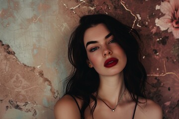 Brunette Woman in Dreamlike Nostalgic Pink, Brown, Cream Background - Direct Gaze with Makeup defined Eyebrows and Red Lipstick - Dark Hair and Black Dress created with Generative AI Technology