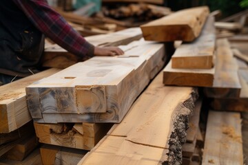 person organizing sawn timber by size at yard