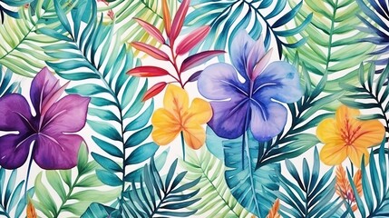 Seamless pattern, abstract art. Watercolor painting, children's wallpaper. Hand drawn plants. Palms, rainforest, leaves, flowers. modern Art. Prints, wallpapers, posters, cards, murals, generative ai,