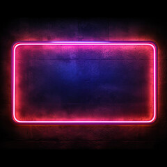 glowing red neon sign frame on black wall. With pink smoke and blue reflection an wall.