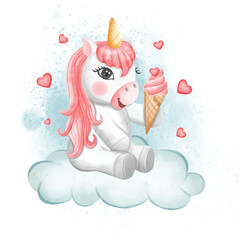 Valentine Unicorn carrying ice cream sitting on a cloud
