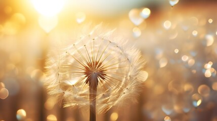 Shiny dew drops on a dandelion seed. Macro shot of a dandelion. Natural background, sparkling bokeh. Art photography. Shallow depth of field., generative ai, 