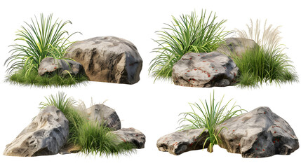 Isolate various rock and grass composition landscape on transparent backgrounds 3d render png - Powered by Adobe