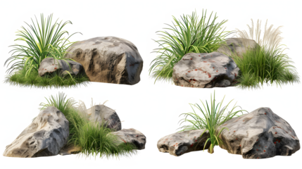 Isolate various rock and grass composition landscape on transparent backgrounds 3d render png