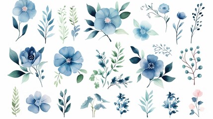 Watercolour floral illustration set. DIY blush pink blue flower, green leaves individual elements collection - for bouquets, wreaths, wedding invitations, anniversary, birthday, postcards, greetings., - obrazy, fototapety, plakaty