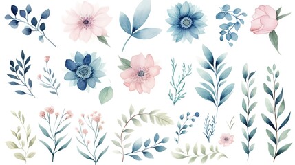 Fototapeta premium Watercolour floral illustration set. DIY blush pink blue flower, green leaves individual elements collection - for bouquets, wreaths, wedding invitations, anniversary, birthday, postcards, greetings.,