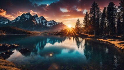 Fototapeta premium Sunrise in the mountains, Sunrise over the lake, sunset wallpaper, sunset background, The sun is rising and so are the mountains 