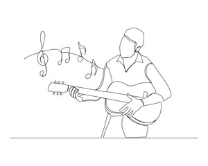 Continuous single line sketch drawing of a man playing guitar with music notes key. One line art of musician guitarist vector illustration