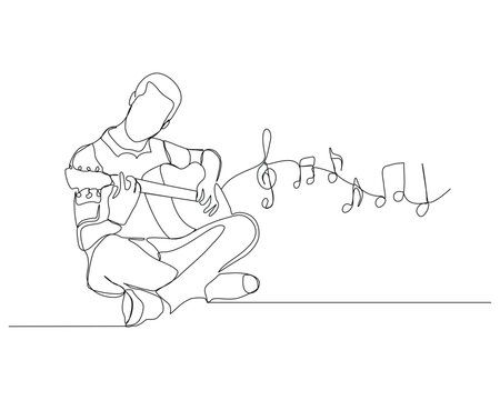 Continuous single line sketch drawing of a man playing guitar with music notes key. One line art of musician guitarist vector illustration