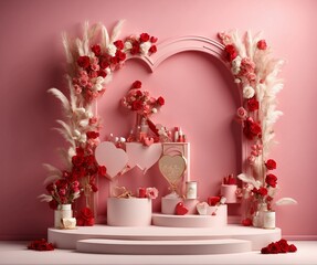 Valentine's day scene with rose flowers, gift boxes and decorative arch