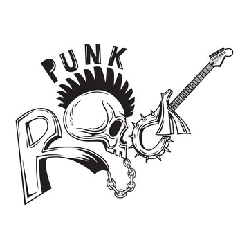 Punk Rock Human Skull Mohawk Haircut With A Guitar Human Skulls. Punk Rock Poster, Hand Drawn,Illustration, Poster, Postcard, Vector , Tshirt, ceramic.  