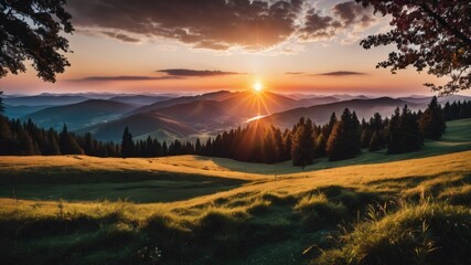 Naklejka na ściany i meble Sunrise in the mountains, Sunrise over the lake, sunset wallpaper, sunset background, The sun is rising and so are the mountains 