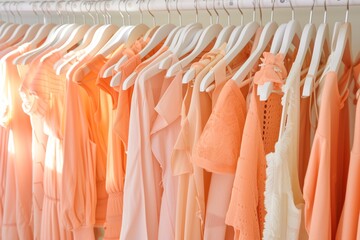 white racks filled with summer clothing in shades of peach