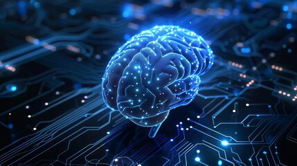 Artifical intelligence and digital Brain on blue circut, AI illustration - obrazy, fototapety, plakaty