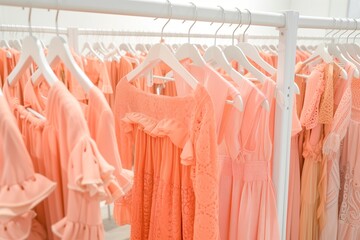 white racks filled with summer clothing in shades of peach