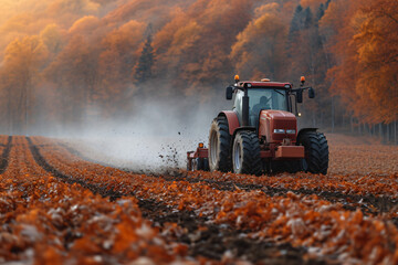 A farmer driving a tractor in a field  - obrazy, fototapety, plakaty