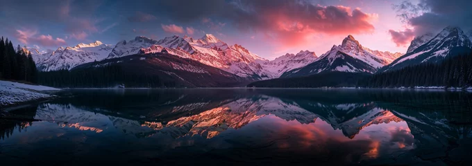 Fototapete Reflection mountains in the mountains reflected in a mountain lake, in the style of dark pink and light azure, swiss style, nikon d850, richly colored skies, landscape photography, dark white and light violet, 