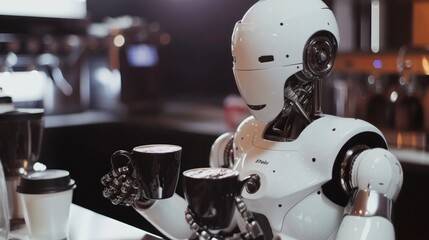 AI robot appreciates the taste of the amazing warm coffee