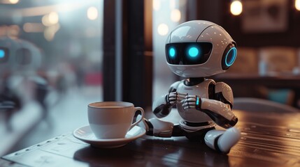 AI robot appreciates the taste of the amazing warm coffee - obrazy, fototapety, plakaty