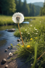 A single dandelion seed, taking root in a meadow near a river