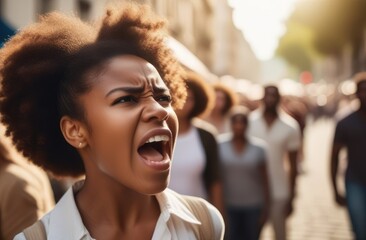 angry black protester screaming on street. female activist protesting against rights violation - obrazy, fototapety, plakaty