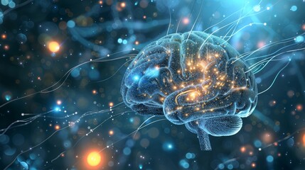 Artificial intelligence and digital brain on blue circuit, AI illustration - obrazy, fototapety, plakaty